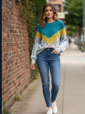 525 America Anthropologie Teal and Yellow Knit Sweater